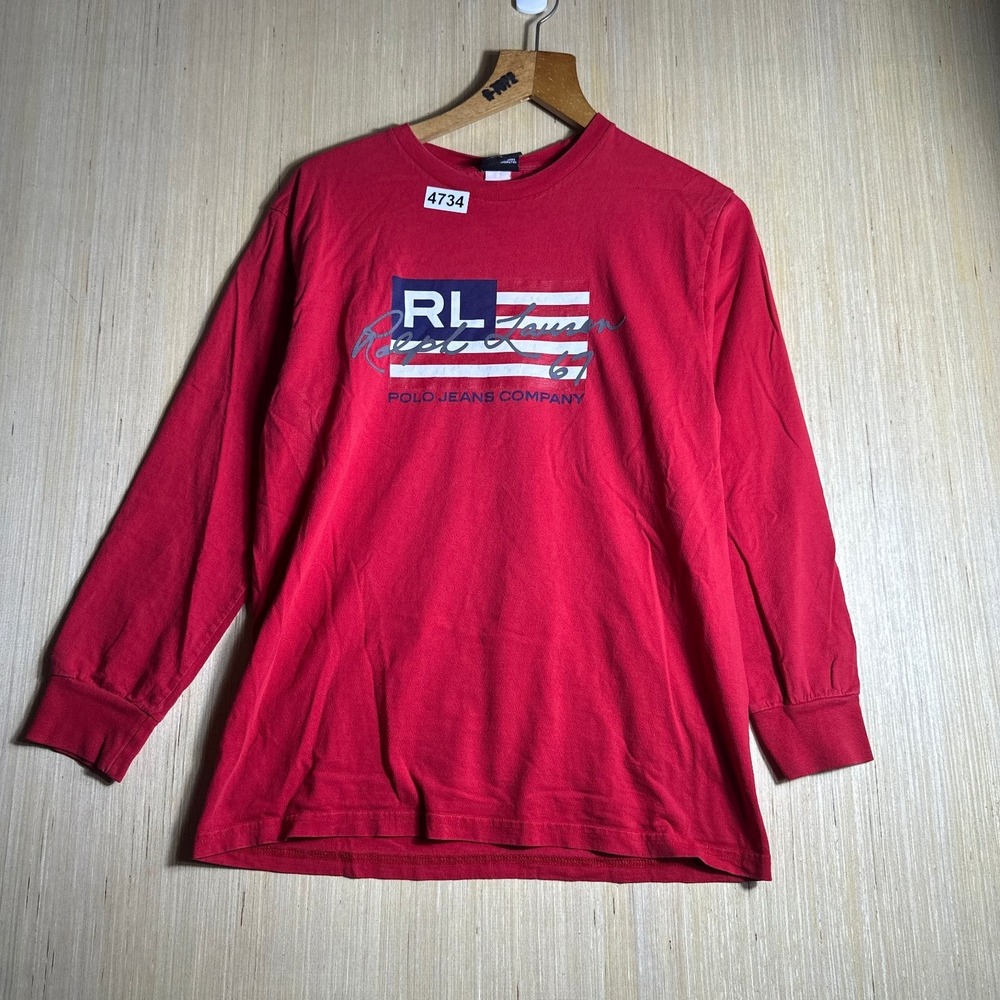 Vintage Polo Jeans Ralph Lauren Shirt Mens Large Red Long Sleeve Graphic Print